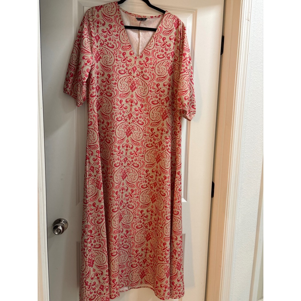 Noracora Womens XL Pink Beige Paisley V-Neck Maxi Dress Short Sleeve 1318822#